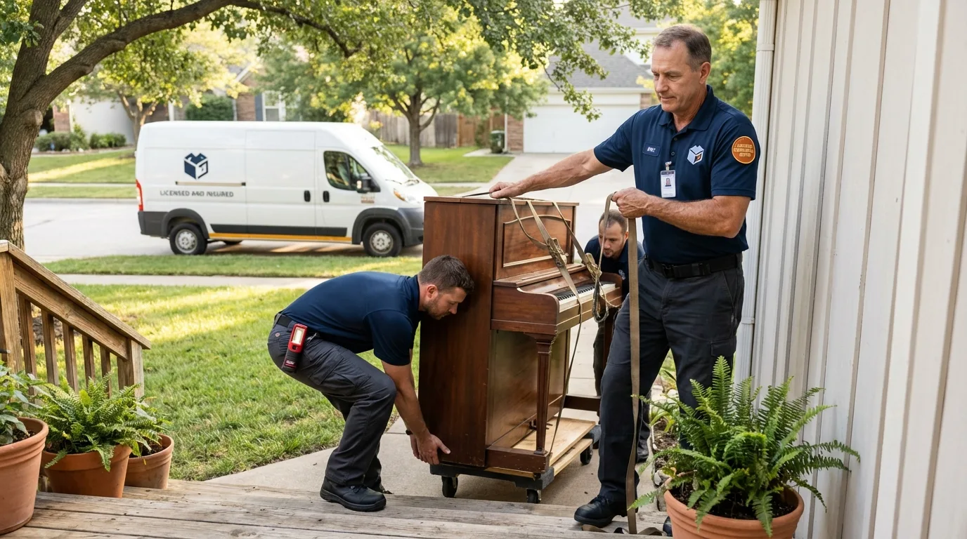 Licensed piano movers securing grand piano in King of Prussia, PA