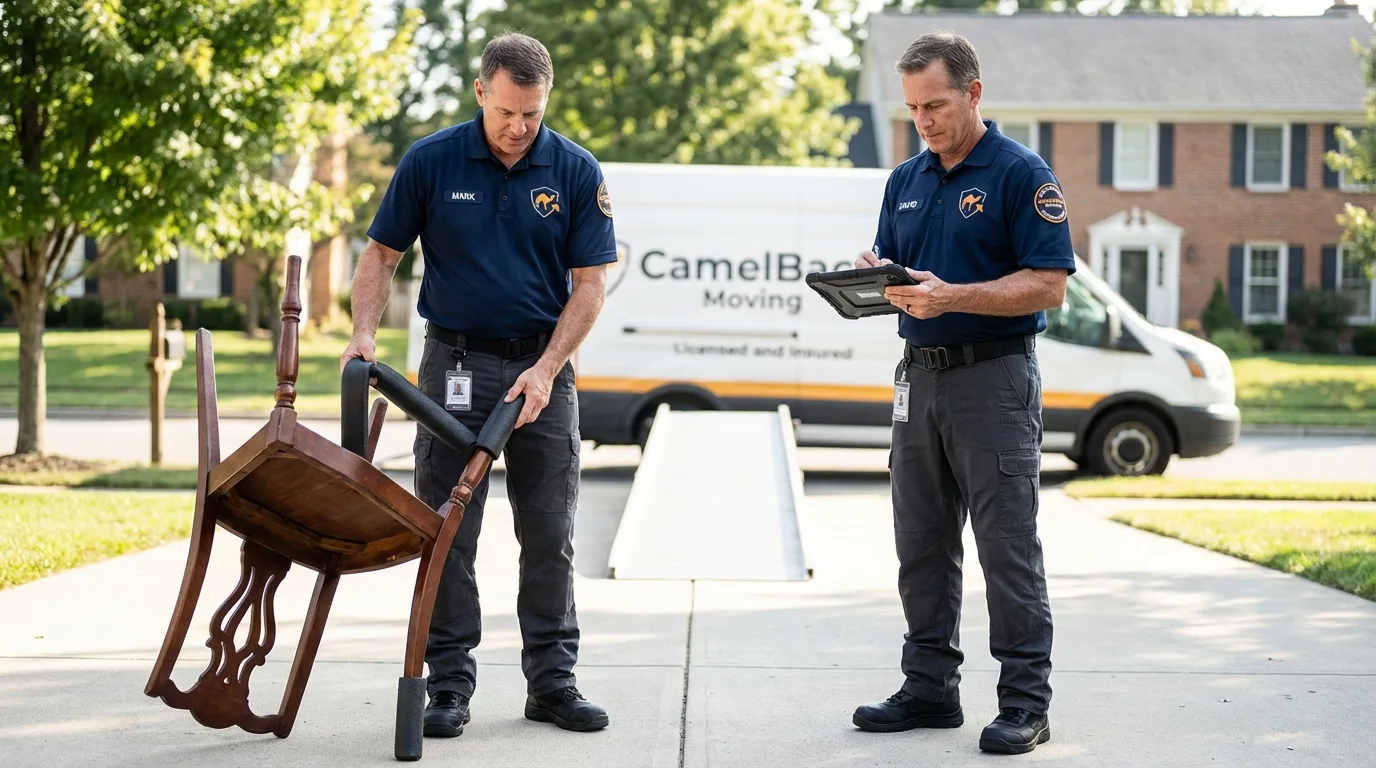 Movers inspecting furniture for damage prevention before loading in King of Prussia, PA