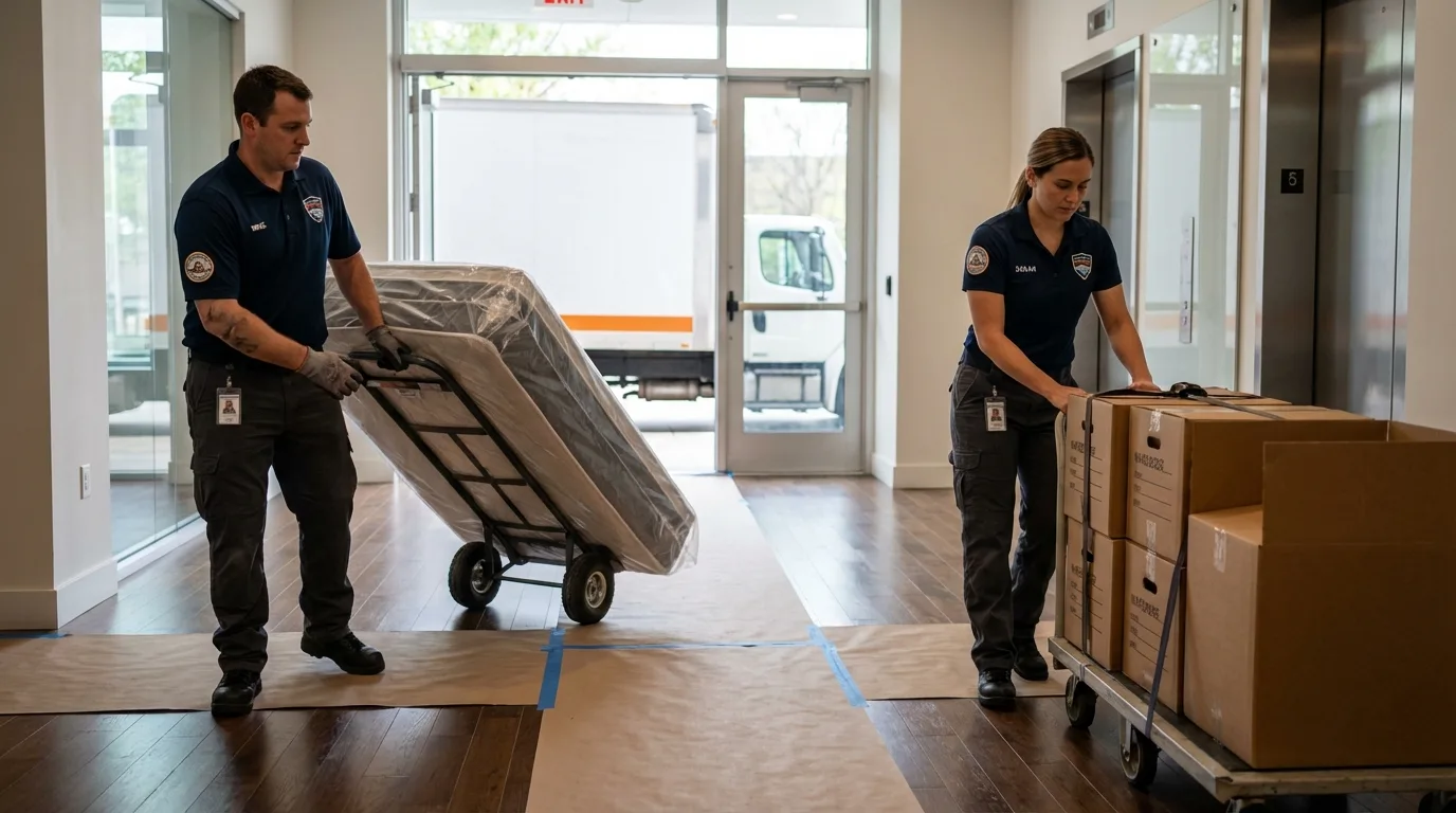 Professional apartment movers loading elevator in King of Prussia, PA