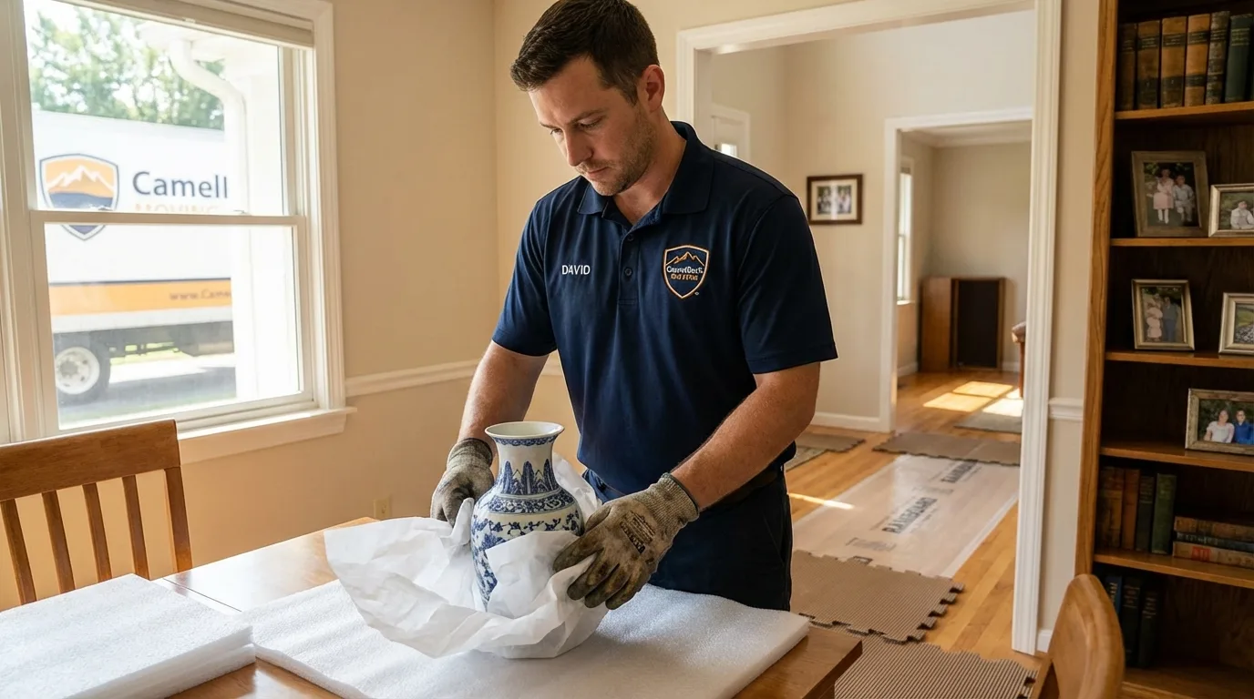 Professional crew carefully wrapping antique vase for senior downsizing move in King of Prussia, PA